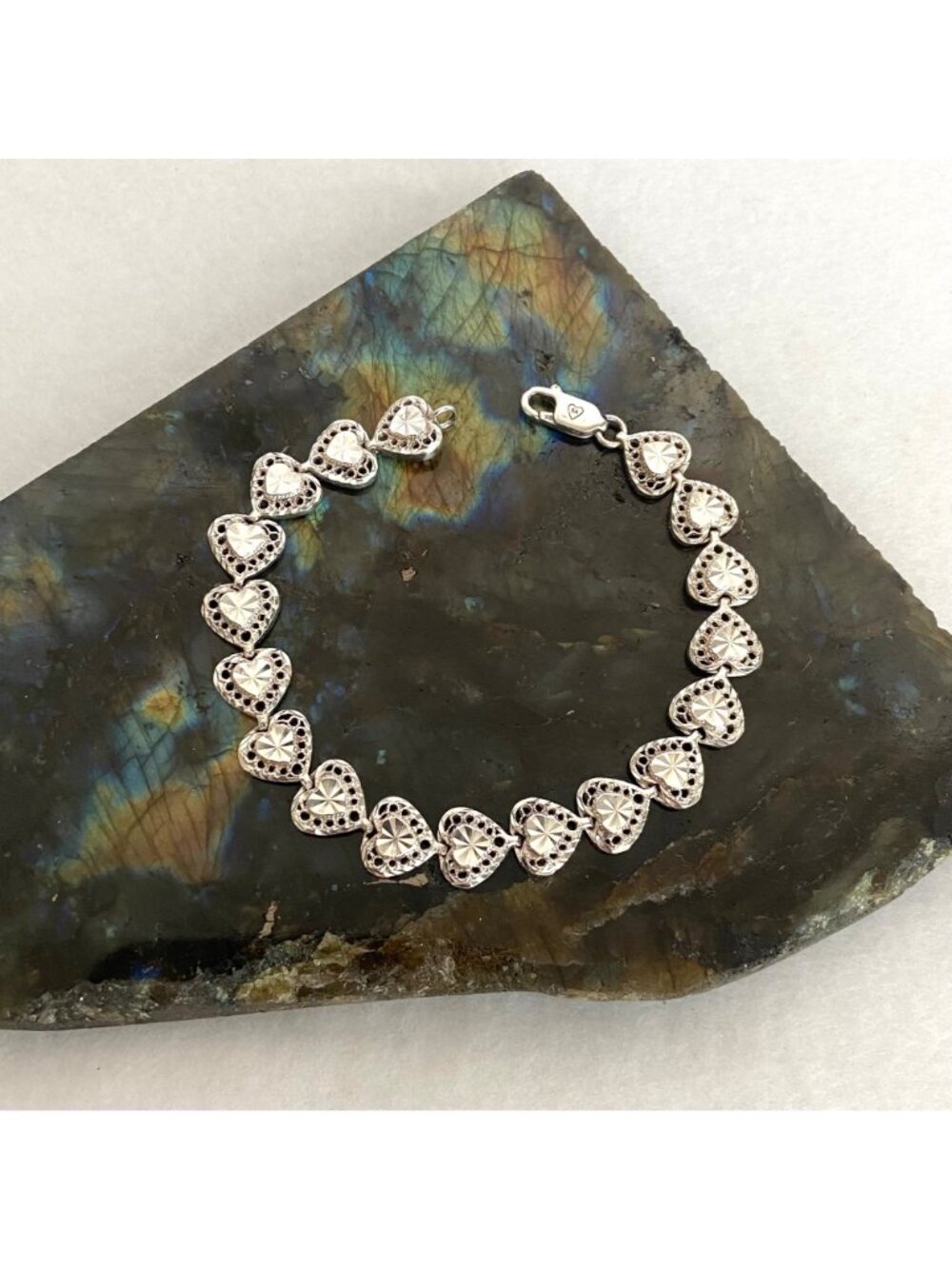 VTG Beverly Hills Sterling Silver 925 Diamond Cut Heart Link Bracelet 7"